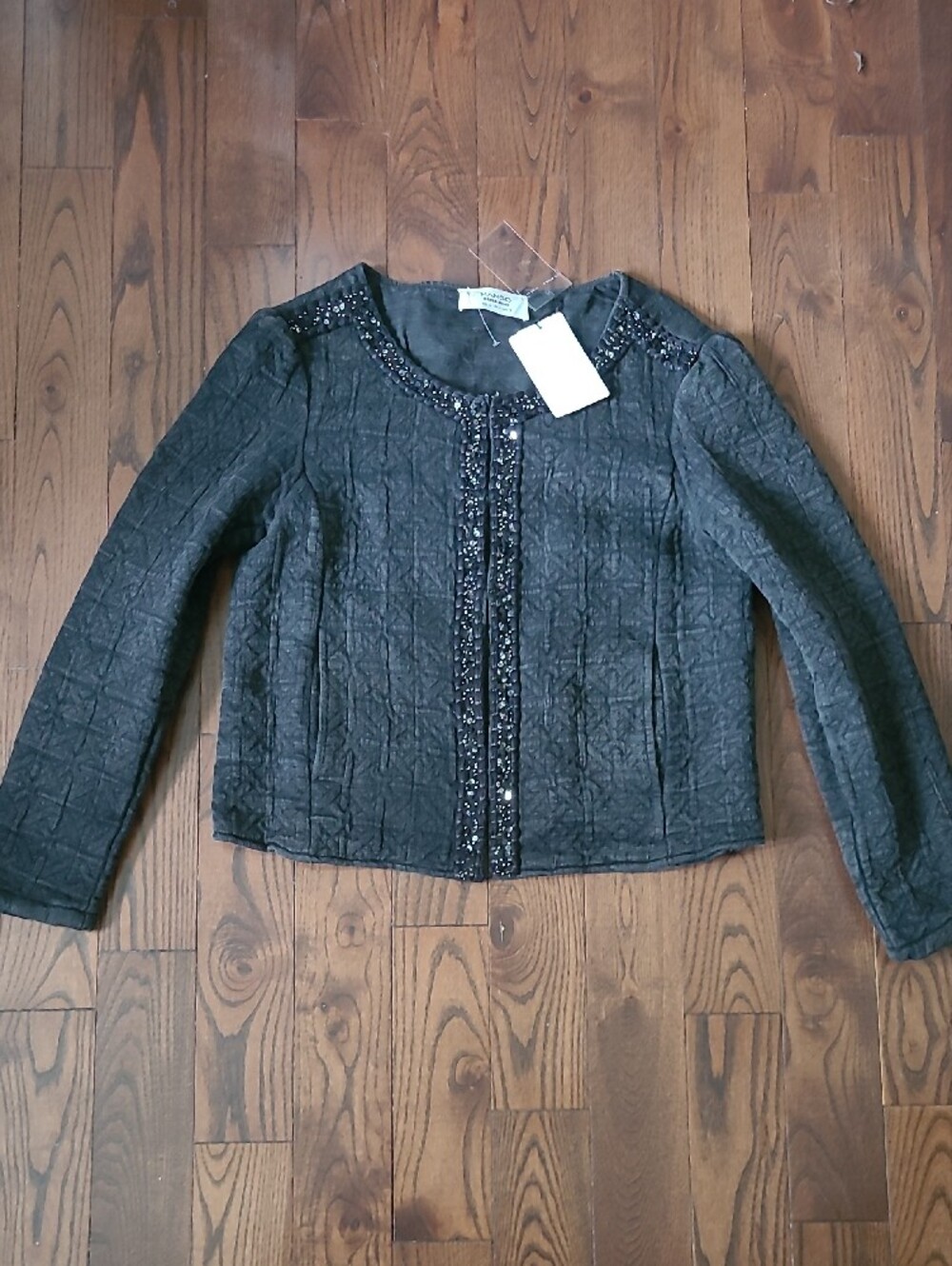 New Mango Dark Gray Quilted Cropped Blazer with Beaded Trim Women's Size Small